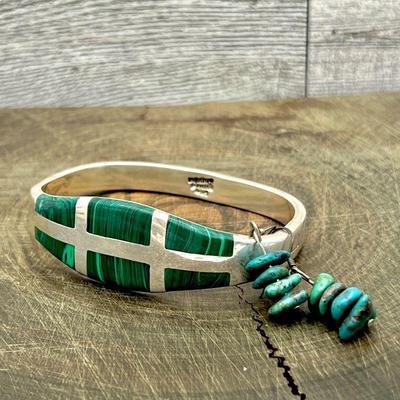 Solid Sterling Silver and Malachite Bangle Bracelet, Taxco-