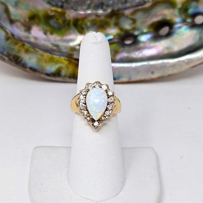 Pear Shaped Opal Ring Framed with White Gemstones in a 14k Gold Plated Sterling Silver Ring - Sz 6.25 - tw 6.3g