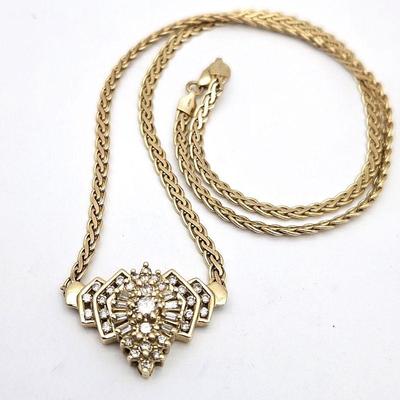 14k Yellow Gold Cluster Diamond Necklace w/ Round & Baguette Cut Diamonds on 16â€ Chain
