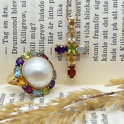 Multi-Stone Cross & Cocktail Ring Set w/ Large Cultured Pearl-sz. 5