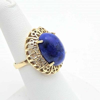 Blue Lapis Center Stone Ring with Delicately Carved Frame - 14k Gold - Ring Size 6 - Lapis is 16mm x 12mm