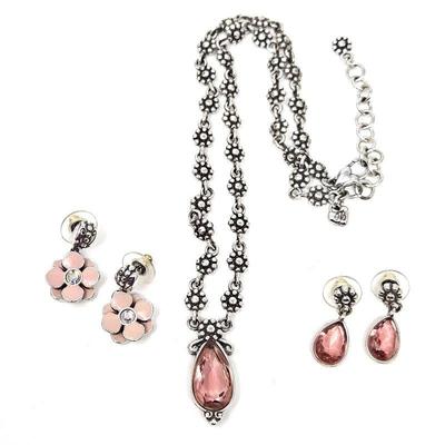 Brighton Pretty in Pink Set with Pendant Necklace and Two Pairs of Earrings to Match! Pink Crystals & Enamel