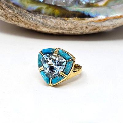 Sky Blue Glacier Topaz w/ Surrounded by Turquoise Inlays -18k Yellow Gold over Sterling Silver Ring 5.70ct Sz 6