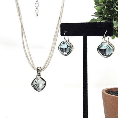 Brighton Pendant Necklace and Matching Earrings Set, Teal Crystal in Silver Tone Settings and Silk Rope Necklace