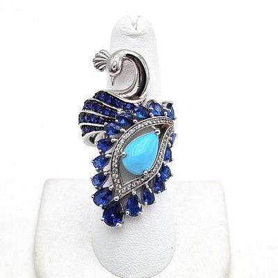  Stunning Sterling Silver Peacock cocktail Ring w/ Blue & Turquoise Stones - 1.75