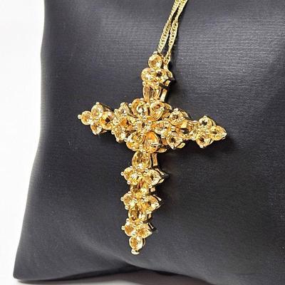 Cross Pendant with Faceted Yellow Citrine Gems in 18k Gold Plated Sterling w/ 18