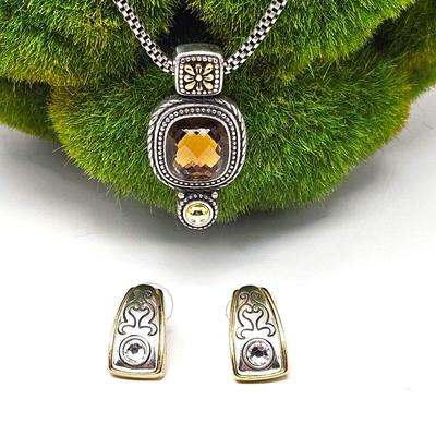 Brighton Jewelry Two Tone Gold/Silver Reversible Pendant Necklace w Amber Crystal and Earrings Set
