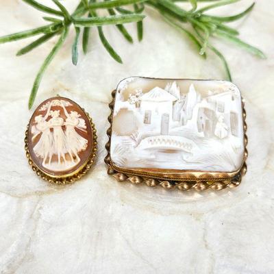 Set of Two Vintage and Antique Shell Cameo Brooches set in Ornate Brass Frames - Oval can be worn as Pendant too