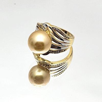 Golden Cultured South Sea Pearl Ring with Gold and Silver Tone Wavy Base to Compliment the Pearl Colors