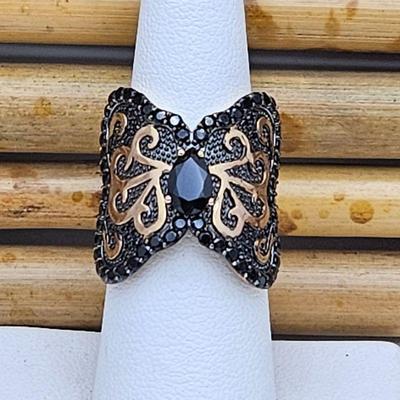 Black Spinel Butterfly Ring 18k Plated over Sterling w/ Rose Gold Accents on the Wings - Ring Sz 6 - Weight 8g