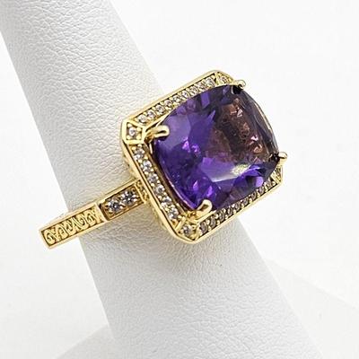 Lovely Ornate Ring with Large 7.25 CTW Amethyst Center Stone framed by CZs- 18k Gold plated Sterling