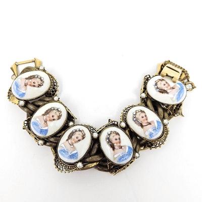  Victorian Revival Bracelet, Gold Tone Brass Filigree with Six Limoges Cameos from 1950s - 7