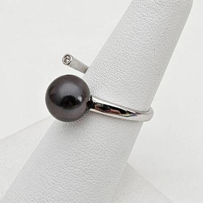 Contemporary Design Ring with 10mm Black Tahitian Pearl and Single White Topaz in Sterling Ring Sz 6