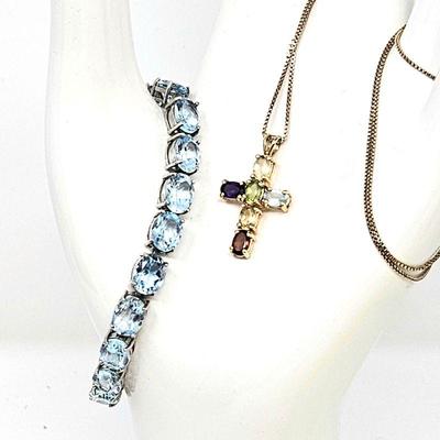 Sterling Silver Tennis Bracelet w/ Oval Faceted Blue Topaz Gems Plus Box Chain Necklace w/ Multi-stone Cross