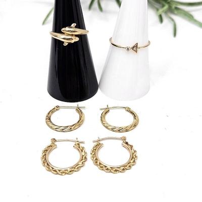Lot #51 - Set of 14k Hoop Earrings and Gold Rings - Dolphin Ring Size 6 - Ring w/ Geometric Shapes Size 7.5