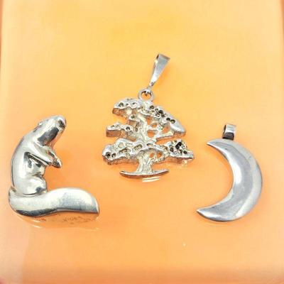 Set of Three Sterling Silver Pendants - Ground Hog, Tree, and Half Moon - Each 1