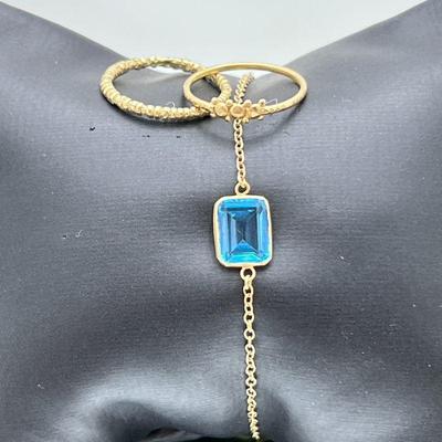 Dazzling Rectangle-Cut Blue Topaz in 14k Gold Bracelet Paired w/ TWO Gold Stacking Rings