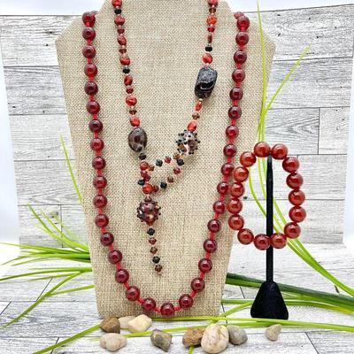  Hand Knotted Carnelian Bead Necklace and Bracelet Set & Y Lariat Beaded Necklace w/ Bumpy Lampwork Beads