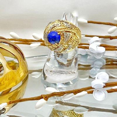  Bold Oversized Cocktail Ring Circa 1960 In Solid 18k Gold Crowned w/ a Vivid Lapis lazuli & Diamonds- Sz. 5.5