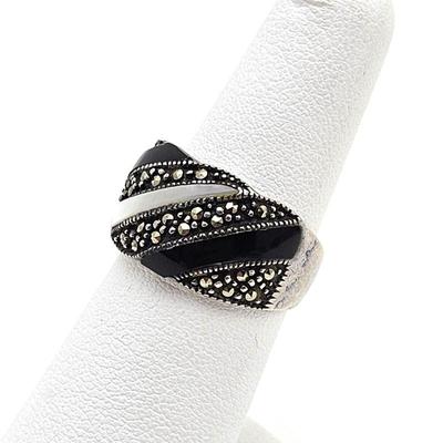 Vintage Sterling Silver Ring, Black Onyx, Mother of Pearl, & Marcasite- Sz.6 - weight 4.9g