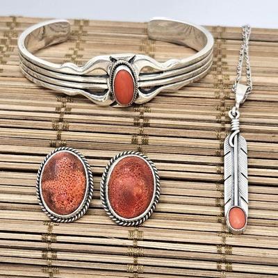 Native American Jewelry Set Sterling Silver and Coral Bracelet, Earrings and Feather Pendant Necklace