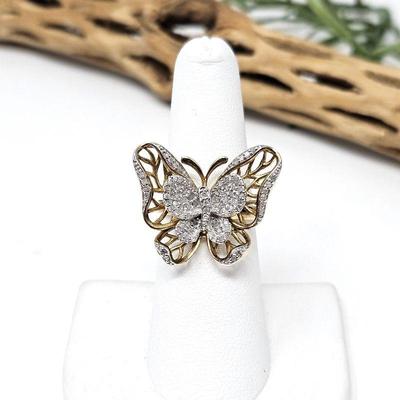 Lovely Butterfly Ring in 14k Gold Plated Sterling and Several Small Diamonds for Sparkle - Sz 6 - Weight 6.1g