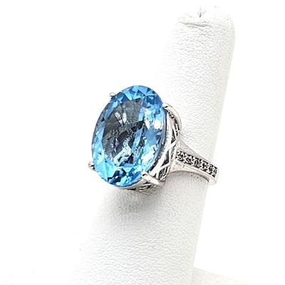 Sky Blue Topaz Silver Ring Size 6 - 15.5 CTW Stone with White Zircons - 8.1g - Rhodium over Sterling