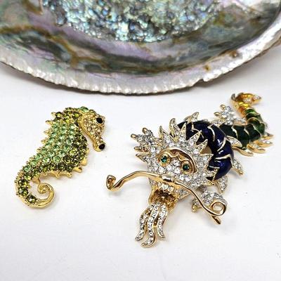 Set of Two Colorful Brooches in Gold Tones - Vtg Butler & Wilson Enameled Chinese Dragon & Sea horse