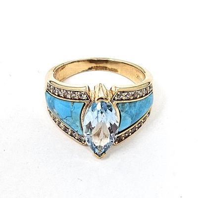 2.01 ctw Sky Blue Topaz Ring w/ Turquoise Inlay Sides & Diamond Accents - 18k Gold Plated over Sterling - Ring Size 6 - Weight 5.8g