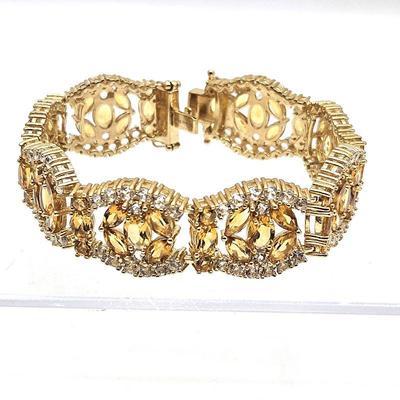 Marquise & Oval Cut Yellow Citrine Gemstone Bracelet w/ White Zircon Accents- Gold over Sterling Silver