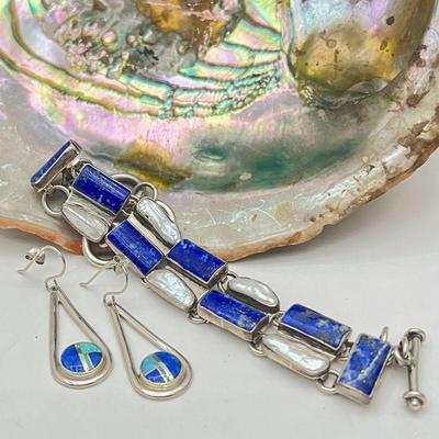  Pure 95% Sterling Silver Lapis Lazuli & Biwa Pearl Adjustable Bracelet Paired w/ Lapis & Opal Inlay Earings