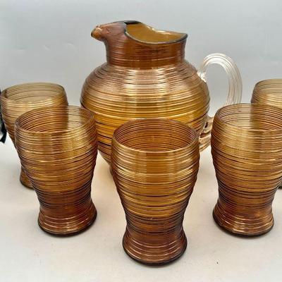 Imperial Glass Spun Amber Pitcher & (5) Cups
