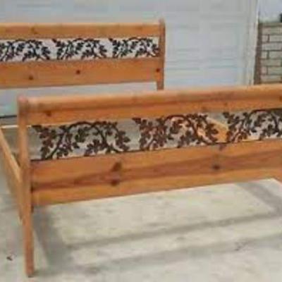 Vintage Oak and Iron queen bed frame