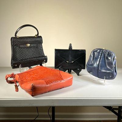 (4PC) MISC. LEATHER PURSES & HANDBAGS | Includes: black leather wallet by Lederer, small black purse by Bally, small navy blue purse, and...