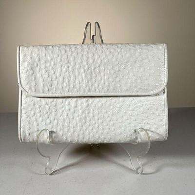 ANNE KLEIN OSTRICH LEATHER HANDBAG | White ostrich leather handbag by Anne Klein. - l. 11 x w. 2.5 x h. 7.25 in 