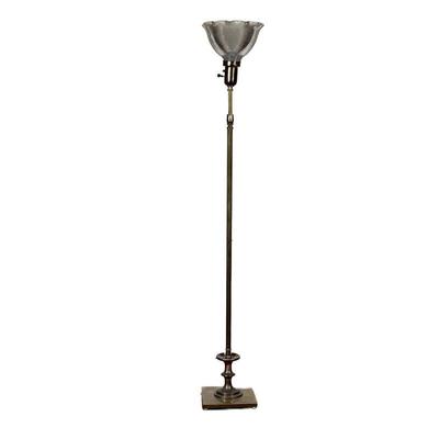 BRASS FLOOR LAMP | Brass floor lamp with square base and floral shaped glass shade. - l. 7.75 x w. 7.75 x h. 54 in 