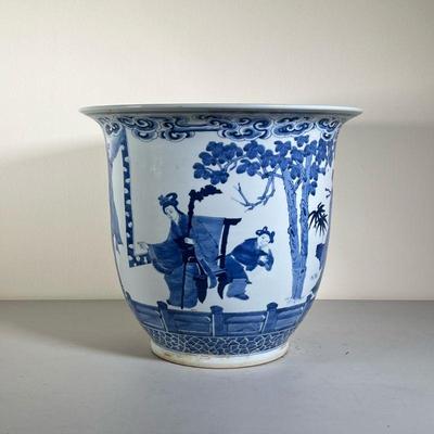 LARGE BLUE & WHITE PLANTER | Large blue and white Chinese planter depicting scenes of everyday life. - h. 12.5 x dia. 14.5 in 