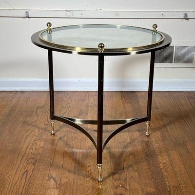 CIRCULAR BRASS & GLASS TABLE | Round brass side table with large inset glass center. - h. 23 x dia. 25 in 