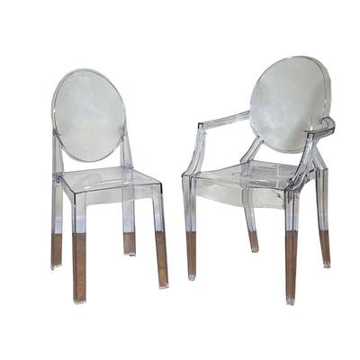 (2PC) PAIR CLEAR PLASTIC CHAIRS | Includes one clear plastic chair with round back, and one clear plastic armchair with round back. - l....