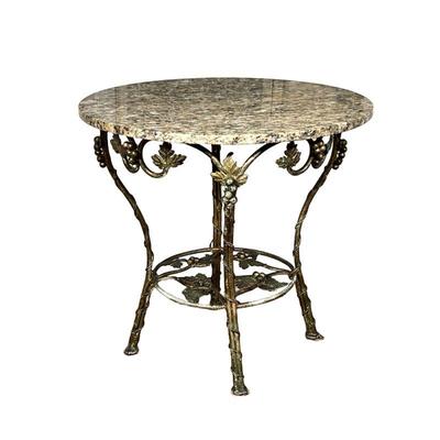 CIRCULAR STONE TOP TABLE | Round stone top table with 4 legged round metal vase resembling grapes and grapevines. - h. 29.5 x dia. 30.75 in 