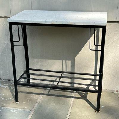 SLATE TOP PATIO TABLE | Geometric, art deco style frame with a slate top. - l. 30 x w. 16 x h. 31 in 