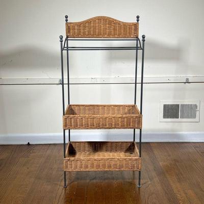 BASKET TOWEL RACK AND STORAGE | Metal towel rack with 2 woven baskets in bottom for storage. - l. 18 x w. 12 x h. 40 in 