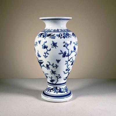 BLUE & WHITE JAPANESE VASE | Decorated with birds, butterflyâ€™s and other flora and fauna. - h. 14 x dia. 7 in 