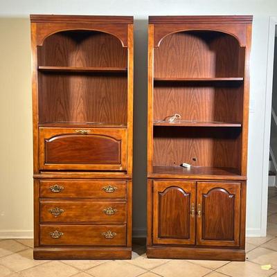 (2PC) PAIR LARGE BOOKCASES | Pair of tall cabinets, one featuring 3 large shelves and lower cabinet, other with 2 large shelves, flip...