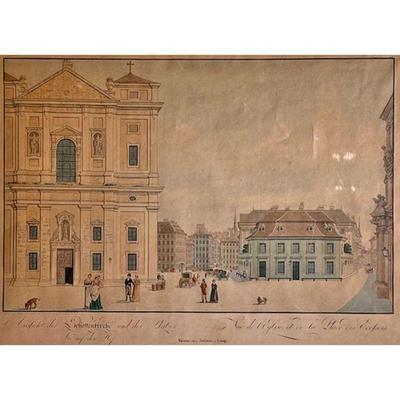 ANTIQUE AUSTRIAN PRINT | Antique print of the streets of Vienna with German description on bottom. 12 x 17in sight. - l. 22.25 x h. 18.5 in 