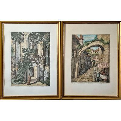 (2PC) SIGNED COLOR PRINTS | Colorful signed prints of small village life. 9 x 11in sight. - l. 14 x h. 17.75 in 