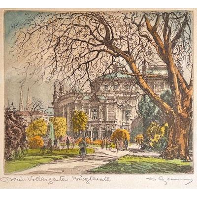 VIENNA OPERA HOUSE COLORED ETCHING | Signed color print of gardens and opera house. Signed in lower right corner, 7.5 x 8.5in sight. - l....