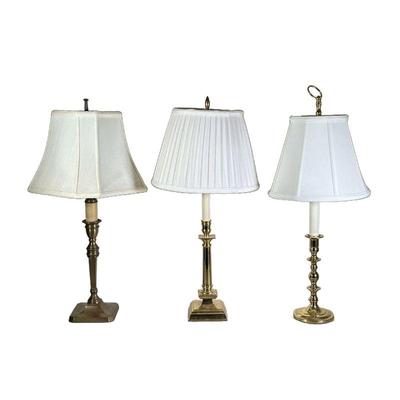 (3PC) BRASS DESK LAMPS | 3 brass candlestick desk lamps each with different style. - l. 5 x w. 5 x h. 24 in (unpolished lamp) 
