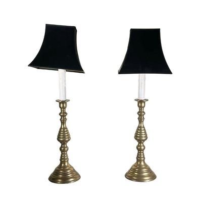 (2PC) PAIR SPINDLE BRASS CANDLESTICK LAMP | Round spindle brass candlestick lamp with square black shade. - h. 33- x dia. 7.25 in 
