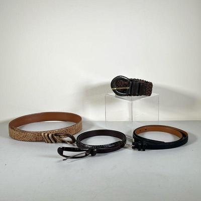 (4PC) MISC. LEATHER BELTS | Includes; 2 thin leather belts, 1 woven leather belt and 1 faux snakeskin leather belt. - l. 44 in (longest) 
